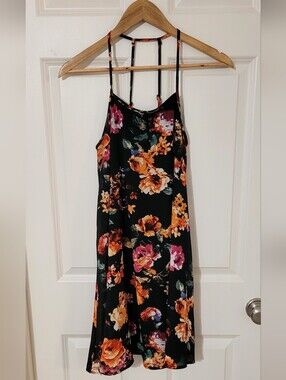 Black Dress with Burnt Orange, Rose, And Purple Flowers, Small.